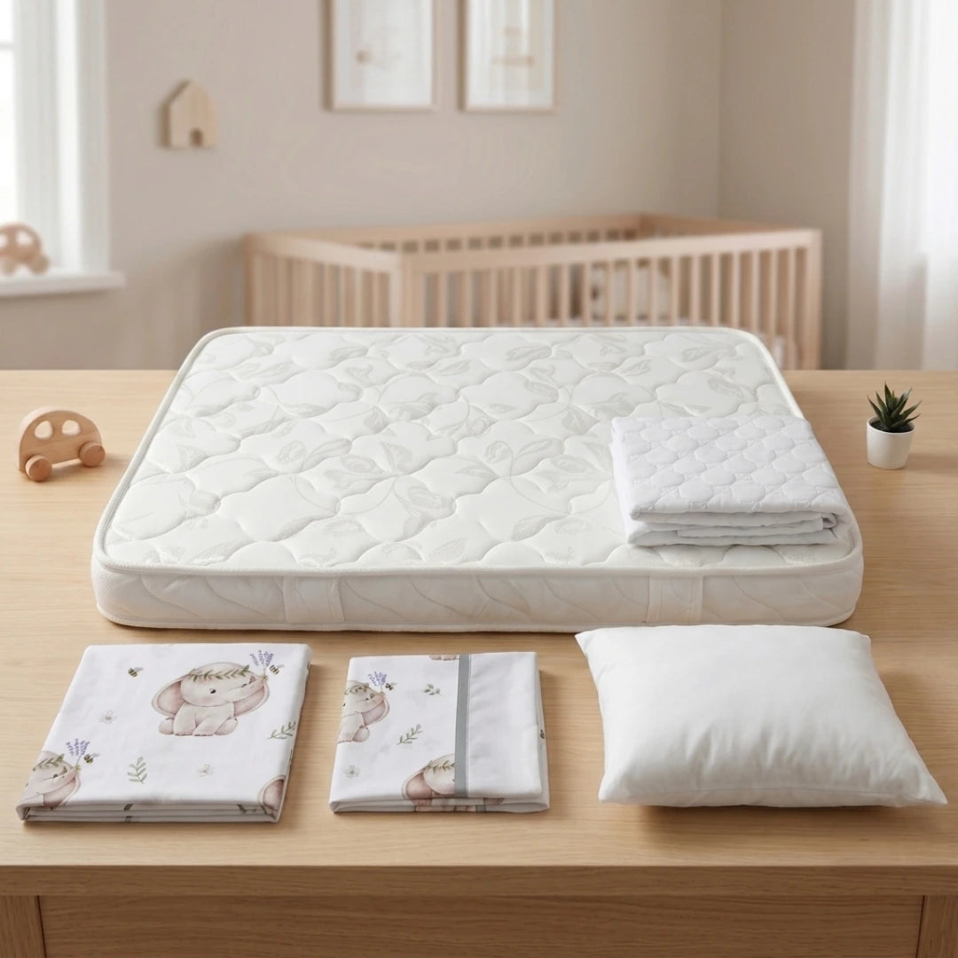 "Set completo de descanso para bebé que incluye colchón para cuna, protector acolchado blanco, juego de sábanas con estampado de elefante y almohada infantil, presentados sobre una mesa de madera en una habitación infantil."