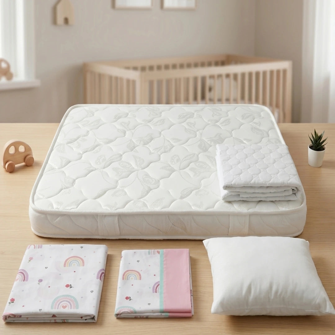 "Protector de colchón impermeable para cuna de bebé junto a set de sábanas con estampado de arcoíris y almohada blanca, en habitación infantil."