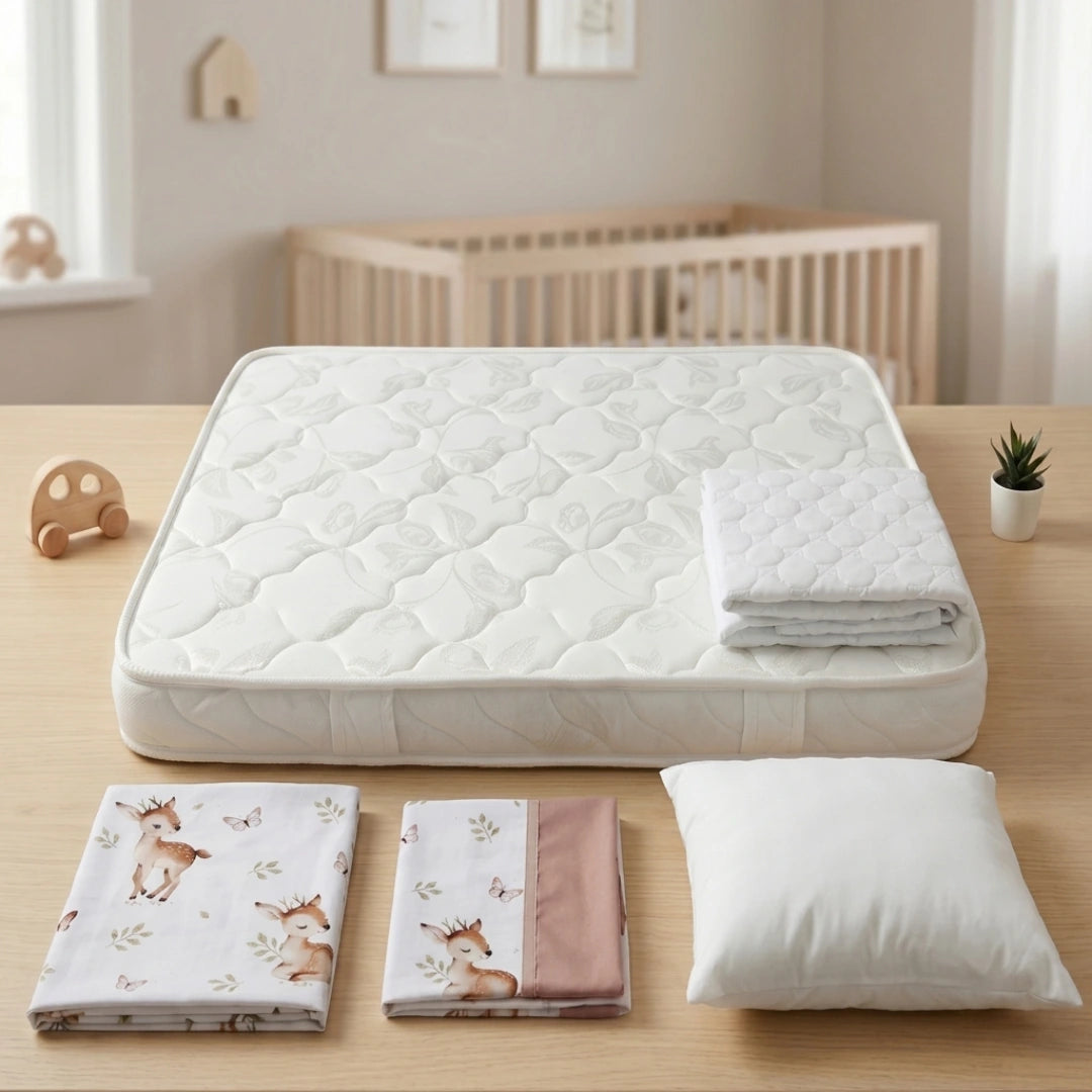 "Set completo  para cuna de bebé. Incluye colchón blanco , almohada, protector acolchado y sábanas  con estampado de  de ciervos y mariposas y detalles en tono rosa."