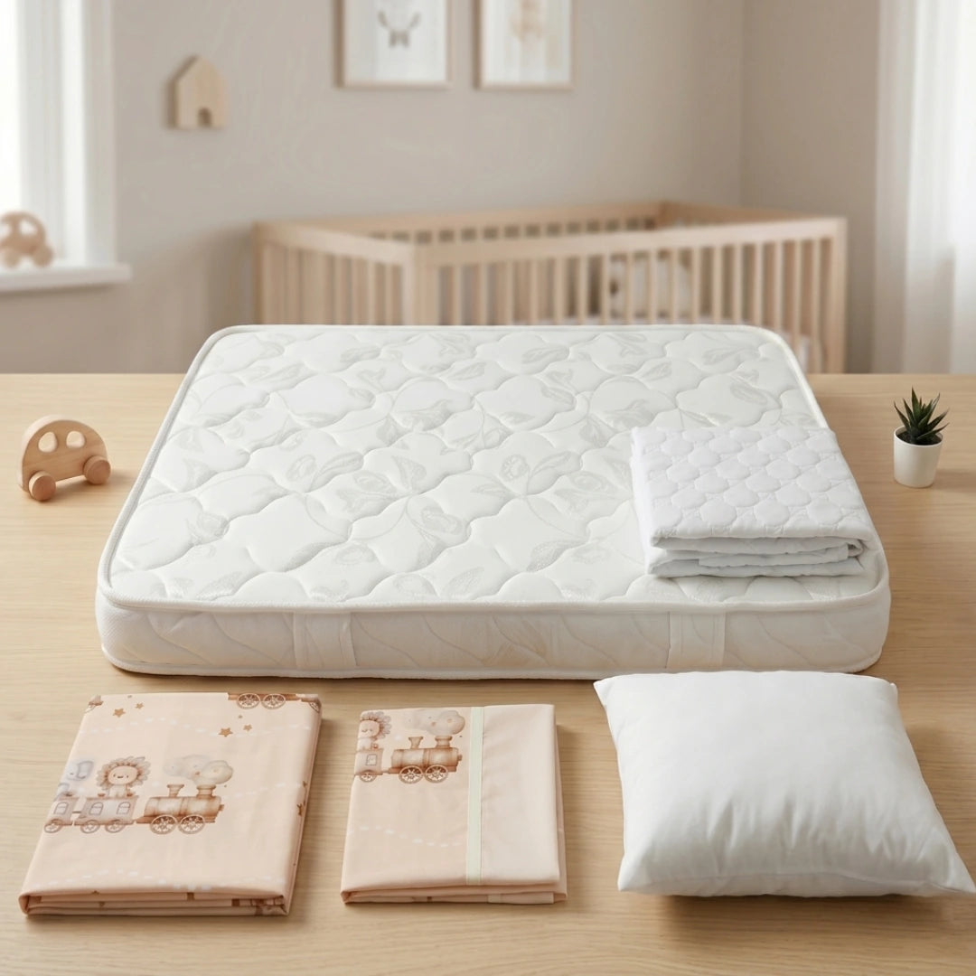 Set completo de ropa de cama para cuna con colchón acolchado, sábanas de trenes, almohada y protector en un ambiente natural.