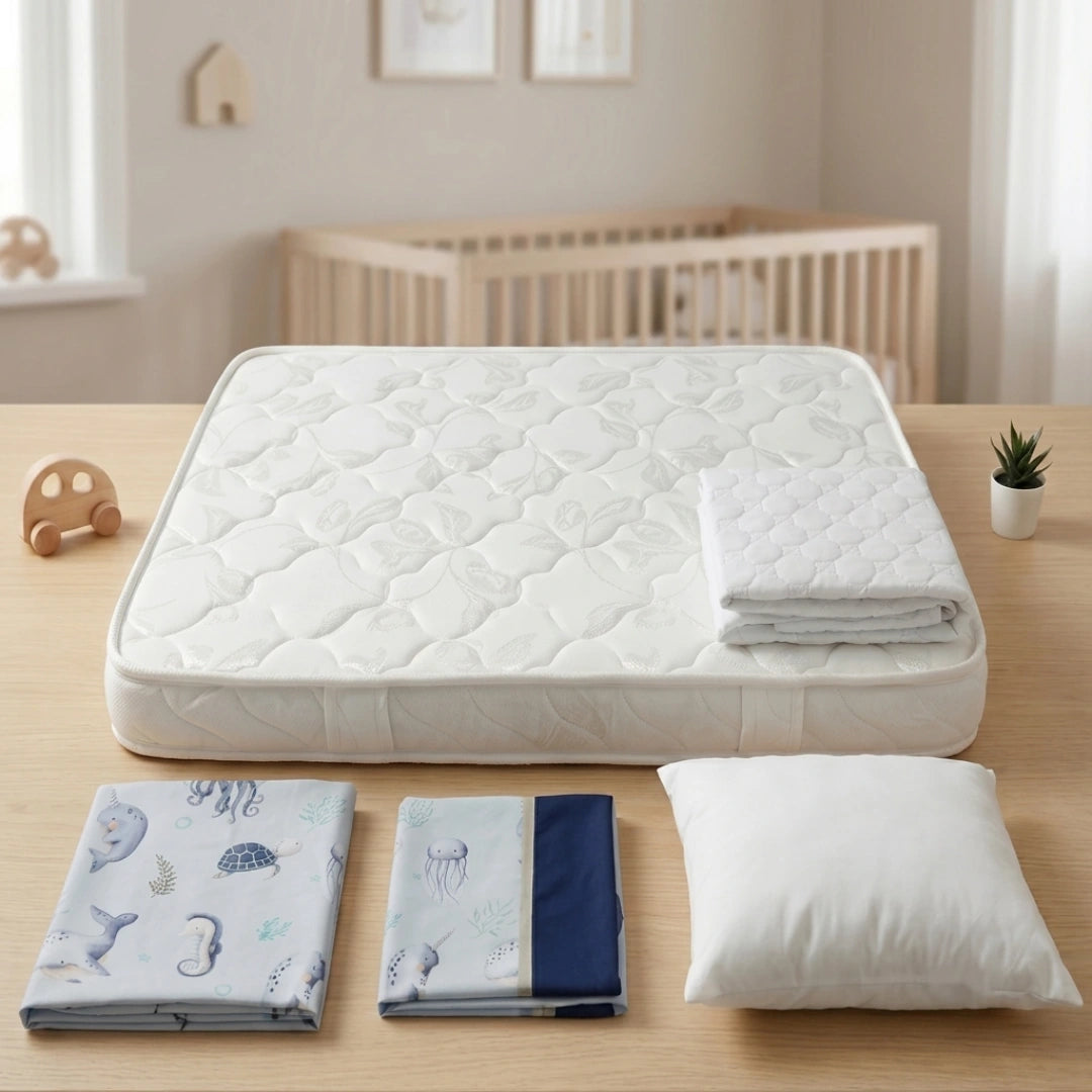 "Colchón blanco para cuna de bebé con textura acolchada, un forro protector para el colchón, sábanas plegadas con estampado de animales marinos y una almohada blanca sobre una mesa de madera. De fondo, una habitación infantil luminosa con cuna."