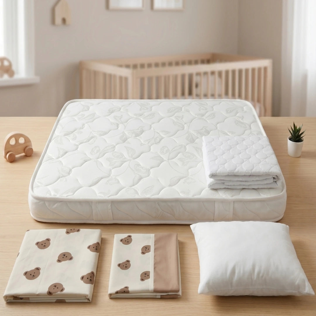 "Colchón para colecho y cuna de bebé color blanco con diseño acolchado, acompañado de sábanas con estampado de ositos, protector de colchón y almohada blanca."