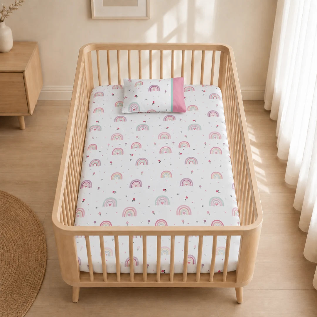 Sábana ajustable para cuna de bebé con funda de almohada, diseño de arcoíris rosa sobre fondo blanco, confeccionada para colchón de cuna y presentada instalada en una cuna de madera.